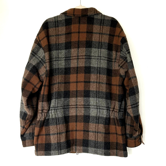 Vintage J.Crew Wool Plaid Zip Jacket Brown Gray Check Oversized Made in USA sz L - Picture 3 of 16